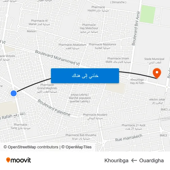 Ouardigha to Khouribga map