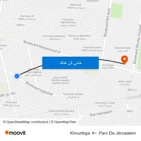Parc De Jérusalem to Khouribga map