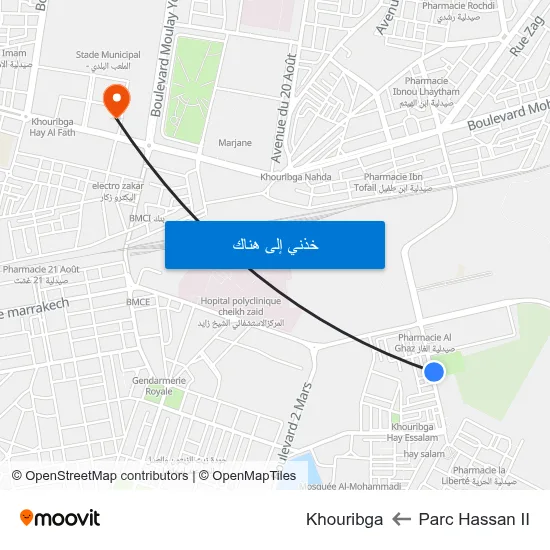 Parc Hassan II to Khouribga map
