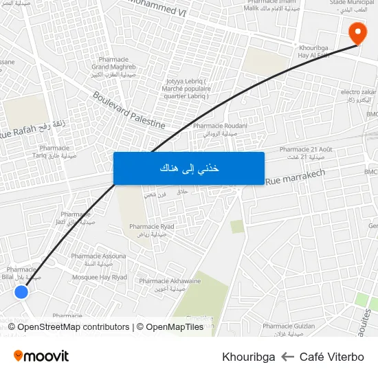 Café Viterbo to Khouribga map