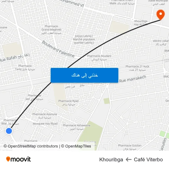 Café Viterbo to Khouribga map