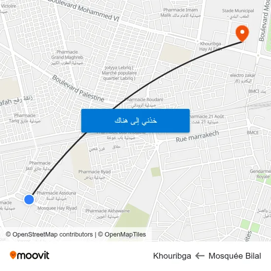 Mosquée Bilal to Khouribga map