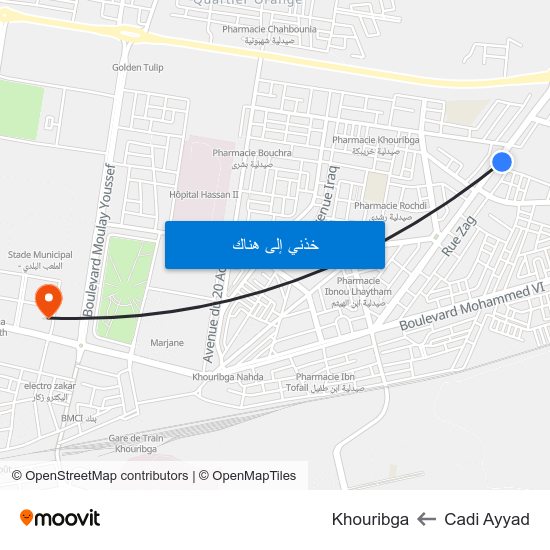 Cadi Ayyad to Khouribga map