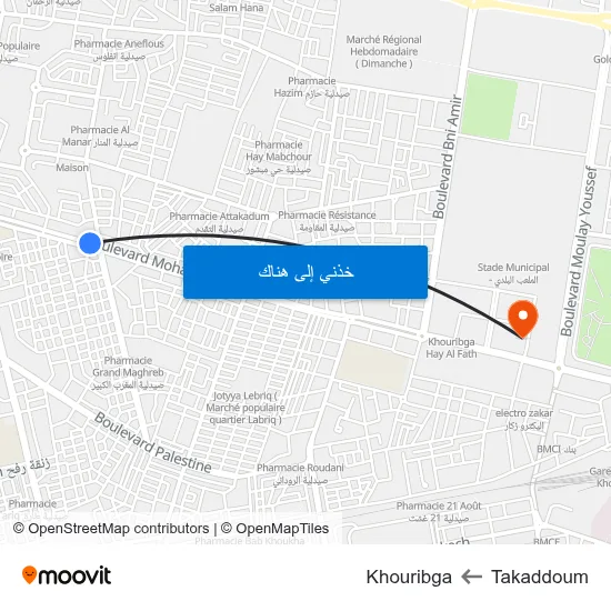 Takaddoum to Khouribga map