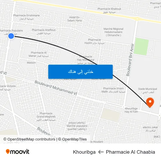Pharmacie Al Chaabia to Khouribga map