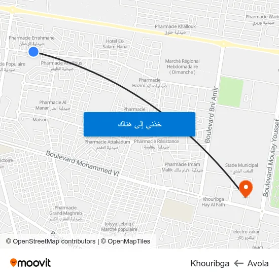 Avola to Khouribga map