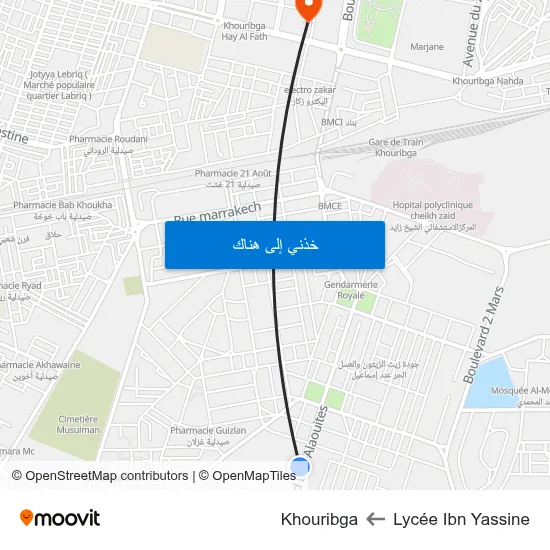 Lycée Ibn Yassine to Khouribga map