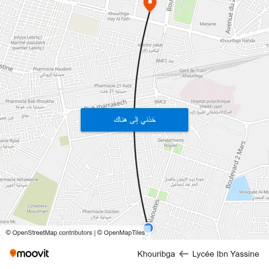 Lycée Ibn Yassine to Khouribga map