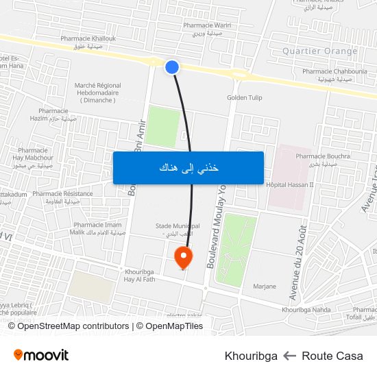 Route Casa to Khouribga map