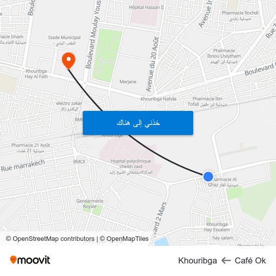 Café Ok to Khouribga map