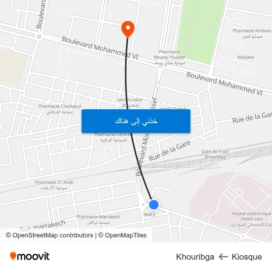 Kiosque to Khouribga map