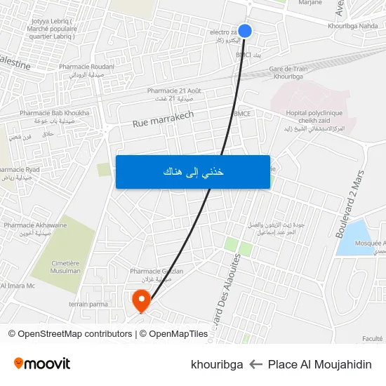 Place Al Moujahidin to khouribga map