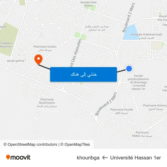Université Hassan 1er to khouribga map