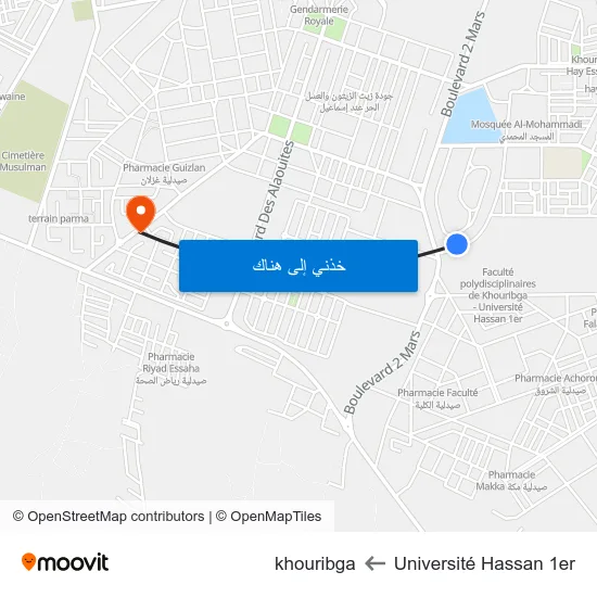 Université Hassan 1er to khouribga map
