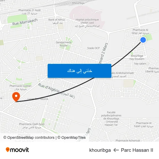 Parc Hassan II to khouribga map