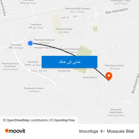 Mosquée Bilal to khouribga map