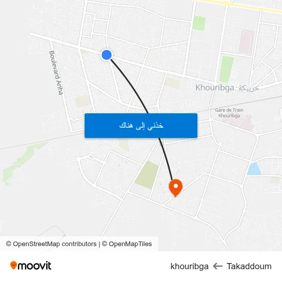 Takaddoum to khouribga map