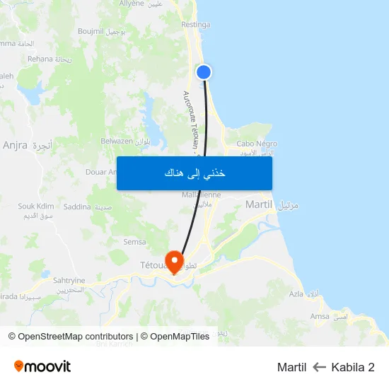 Kabila 2 to Martil map