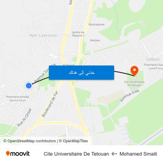 Mohamed Smaili to Cite Universitaire De Tetouan map