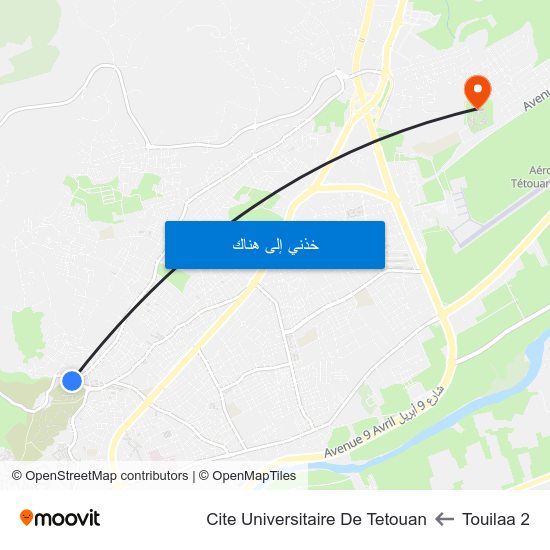 Touilaa 2 to Cite Universitaire De Tetouan map