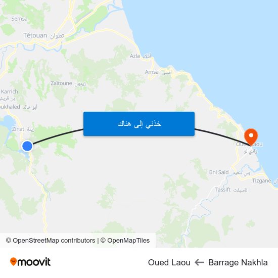 Barrage Nakhla to Oued Laou map