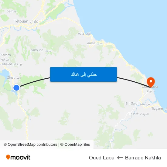 Barrage Nakhla to Oued Laou map
