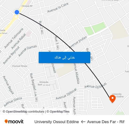 Avenue Des Far - Rif to University Ossoul Eddine map