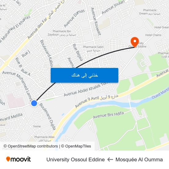 Mosquée Al Oumma to University Ossoul Eddine map