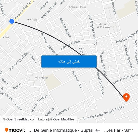 Avenue Des Far - Safir to Institut Supérieur De Génie Informatique - Sup'Isi map