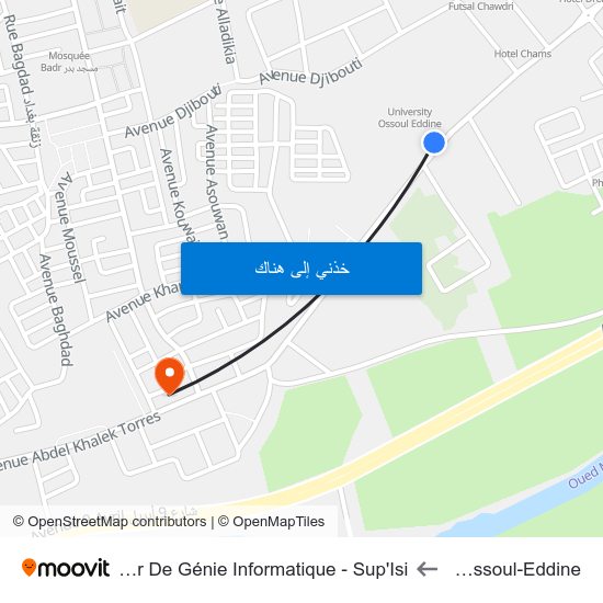 Faculté Ossoul-Eddine to Institut Supérieur De Génie Informatique - Sup'Isi map