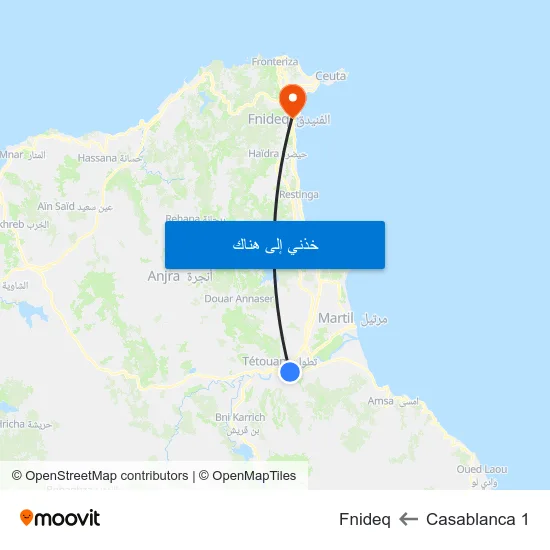 Casablanca 1 to Fnideq map