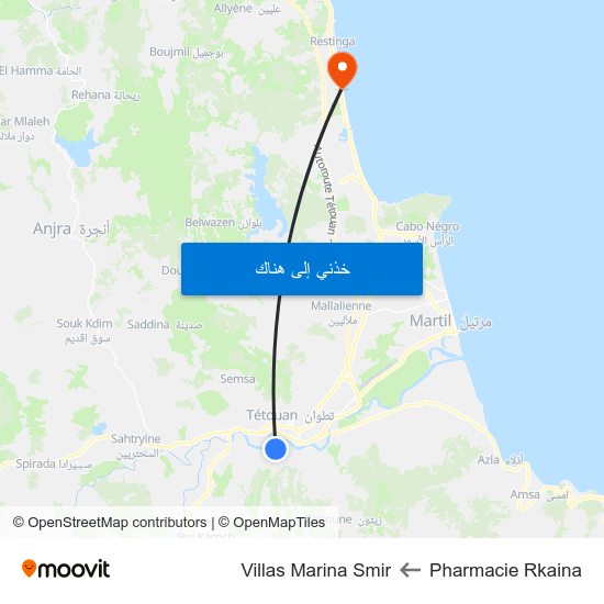 Pharmacie Rkaina to Villas Marina Smir map