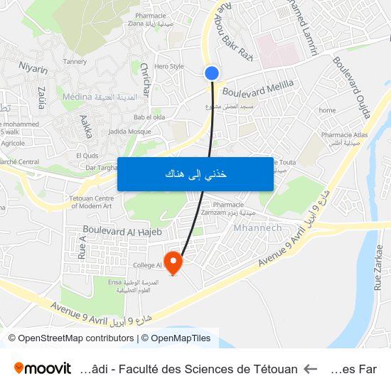 Avenue Des Far to Université Abdelmalek Essaâdi - Faculté des Sciences de Tétouan map