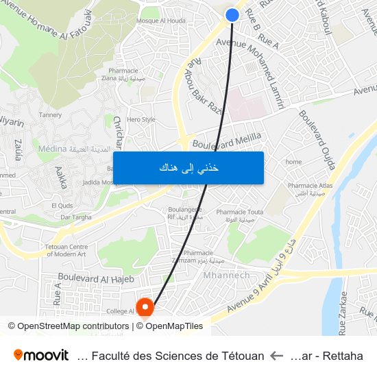 Avenue Des Far - Rettaha to Université Abdelmalek Essaâdi - Faculté des Sciences de Tétouan map