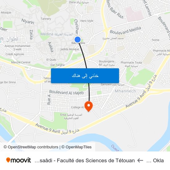 Bab El Okla to Université Abdelmalek Essaâdi - Faculté des Sciences de Tétouan map