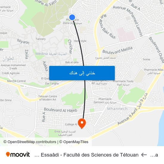 Ziana to Université Abdelmalek Essaâdi - Faculté des Sciences de Tétouan map