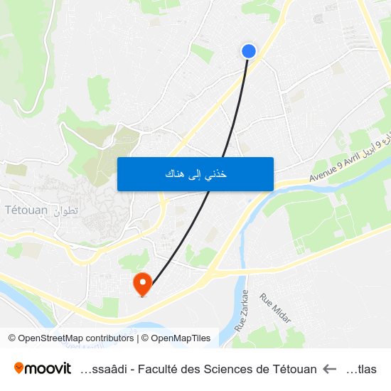 Jbel Atlas to Université Abdelmalek Essaâdi - Faculté des Sciences de Tétouan map