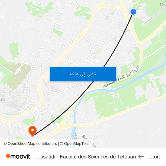 Aéroport to Université Abdelmalek Essaâdi - Faculté des Sciences de Tétouan map