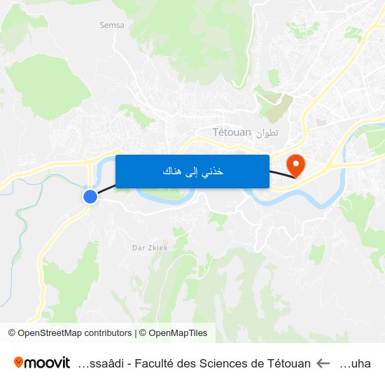 Grt Louha to Université Abdelmalek Essaâdi - Faculté des Sciences de Tétouan map