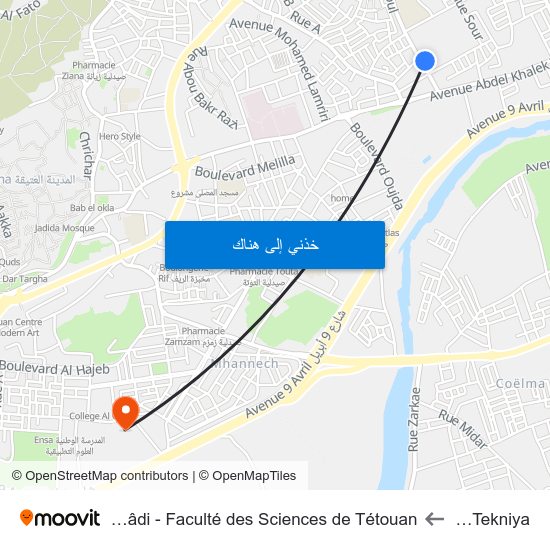 Kaboul - Tekniya to Université Abdelmalek Essaâdi - Faculté des Sciences de Tétouan map