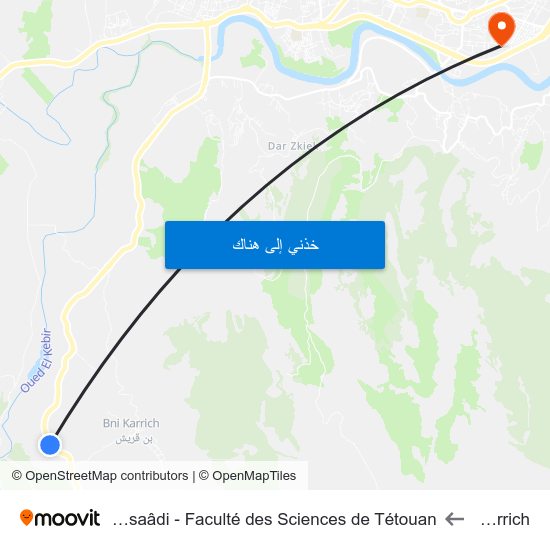 Ben Karrich to Université Abdelmalek Essaâdi - Faculté des Sciences de Tétouan map