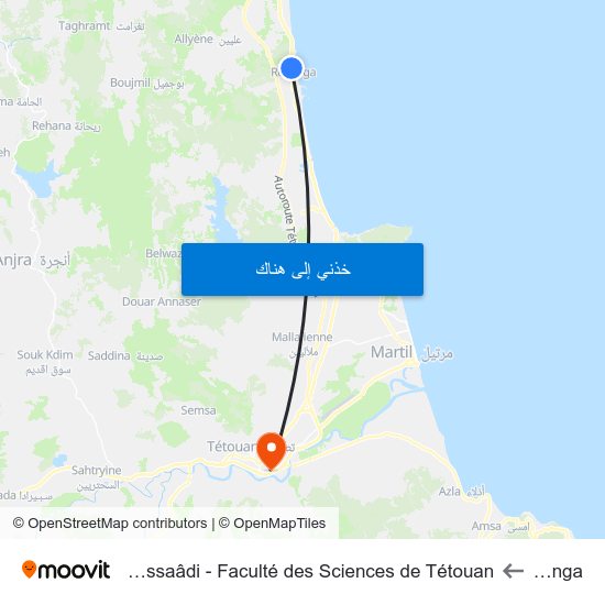 Restinga to Université Abdelmalek Essaâdi - Faculté des Sciences de Tétouan map