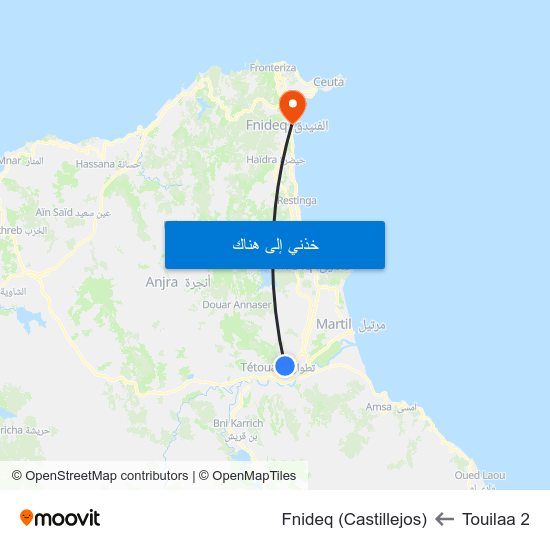 Touilaa 2 to Fnideq (Castillejos) map