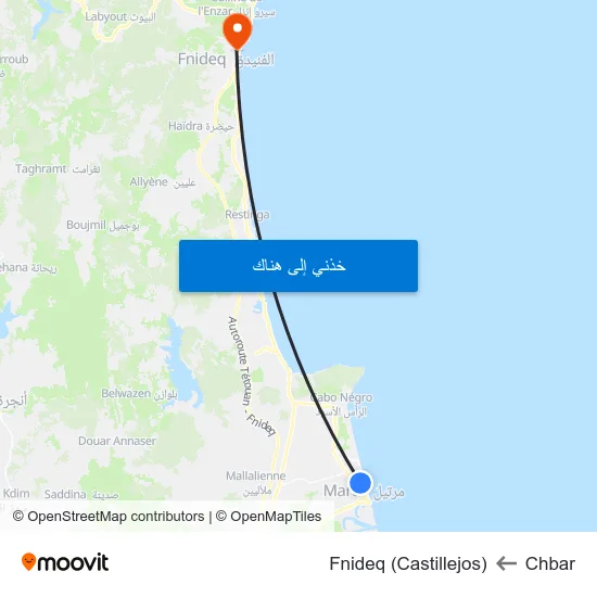 Chbar to Fnideq (Castillejos) map