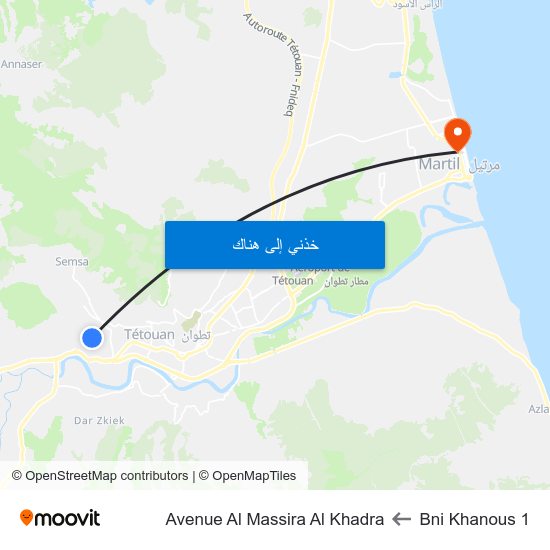 Bni Khanous 1 to Avenue Al Massira Al Khadra map