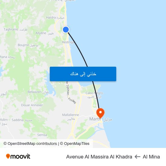 Al Mina to Avenue Al Massira Al Khadra map