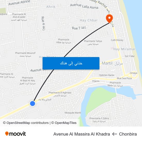 Chonbira to Avenue Al Massira Al Khadra map