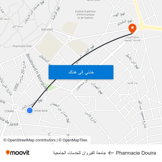 Pharmacie Douira to جامعة القيروان للخدمات الجامعية map