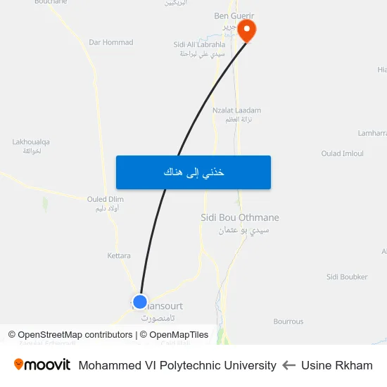 Usine Rkham to Mohammed VI Polytechnic University map