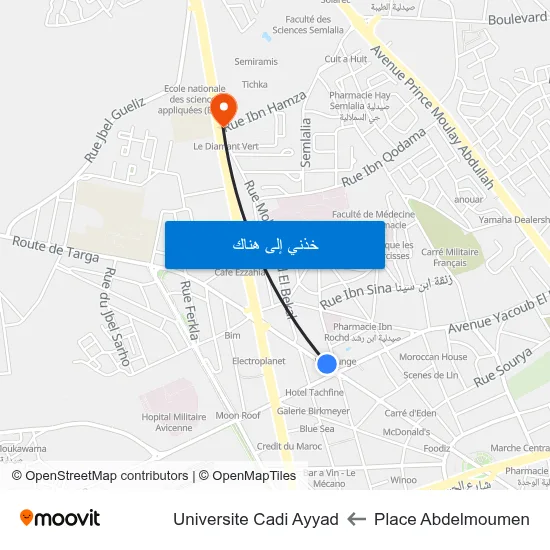 Place Abdelmoumen to Universite Cadi Ayyad map